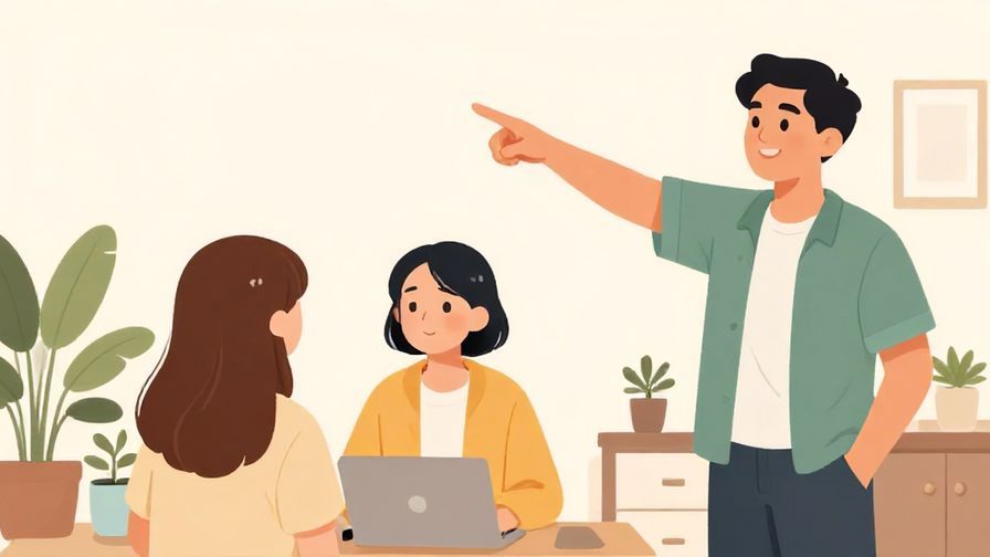 Illustration%20of%20a person waiting eagerly, another person smiling and pointing ahead, indoor casual scene