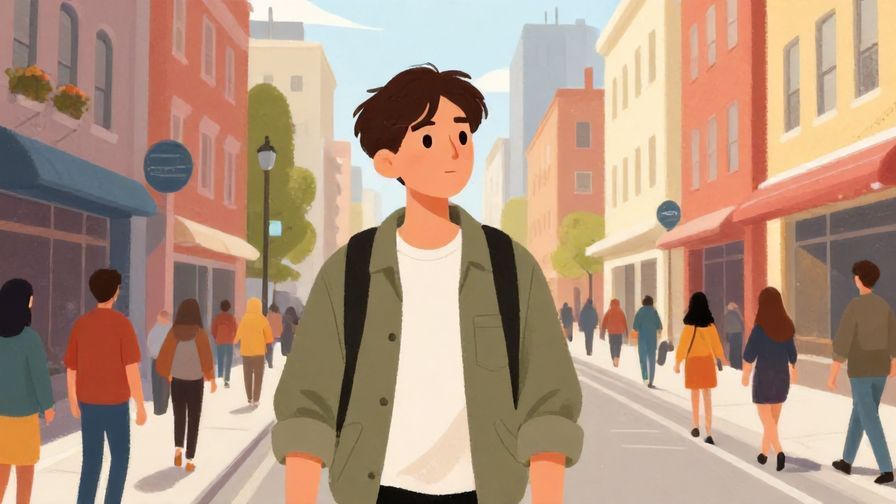 Illustration%20of%20a person walking along a busy city street with a thoughtful expression, colorful buildings and people bustling by, illustrated style