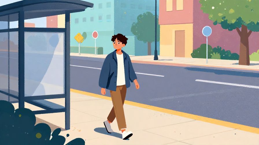 Illustration%20of%20a person walking away from a bus stop looking fed up, casual clothing, bright evening colors, illustrated style