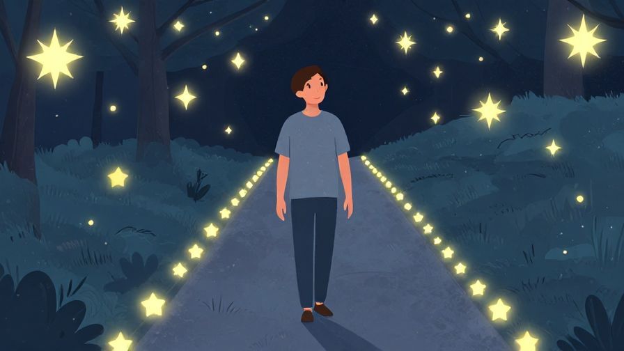 Illustration%20of%20a person walking calmly down a path lined with glowing stars, obediently following a destined route, serene expression