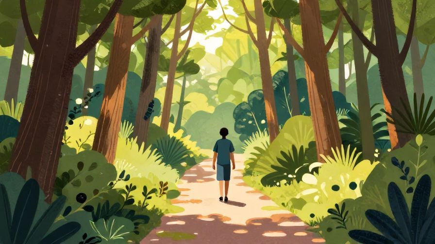 Illustration%20of%20a person walking calmly through a peaceful forest path, sunlight filtering through trees, detailed background, vibrant colors, illustrated style