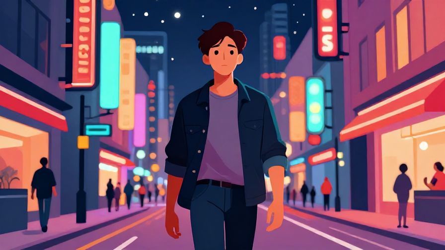 Illustration%20of%20a person walking confidently down a vibrant city street at night, neon lights glowing, with a calm, determined expression, detailed background, vibrant colors, illustrated style