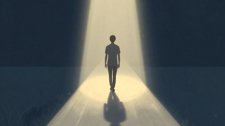 Illustration%20of%20a person walking confidently on a glowing path with subtle light beams guiding the way, serene and hopeful atmosphere, illustrated style