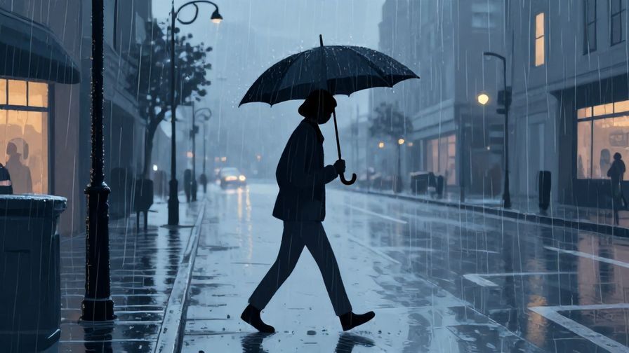 Illustration%20of%20a person walking determinedly through a light rain, umbrella closed, city street at dusk, illustrated style