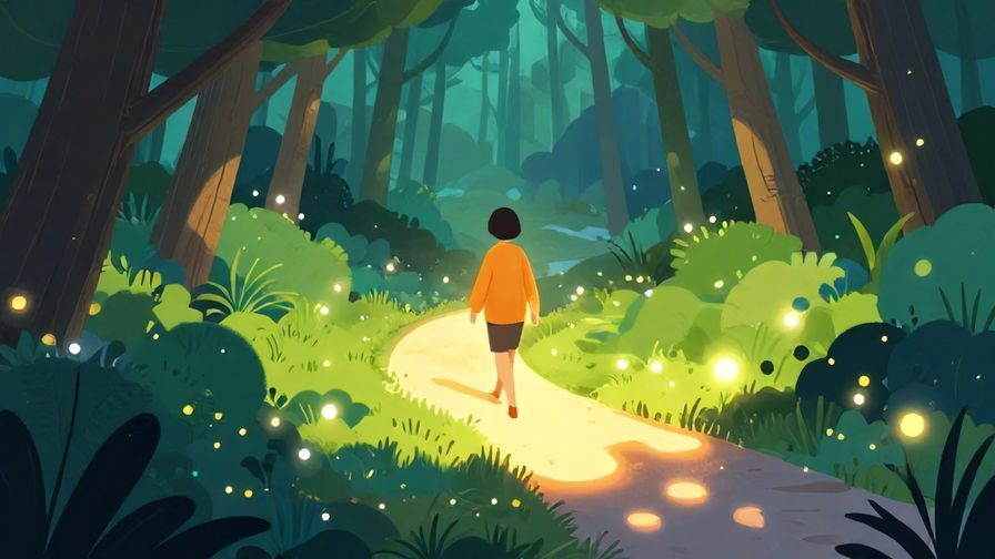 Illustration%20of%20a person walking down a glowing path with gentle guiding lights, serene forest background, vibrant colors, illustrated style