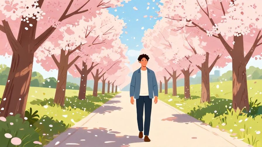Illustration%20of%20a person walking forward confidently on a path with cherry blossoms falling behind, symbolizing leaving the past behind, vibrant colors, illustrated style