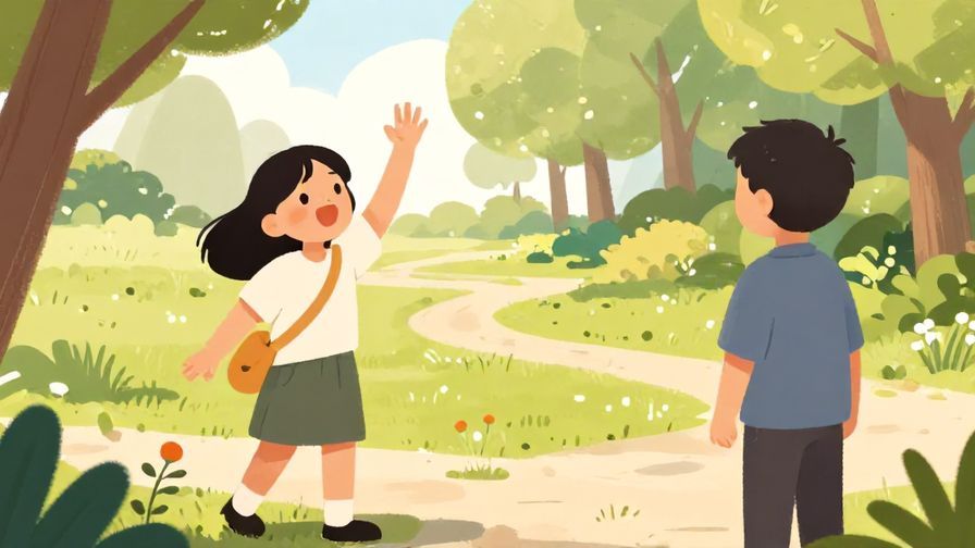 Illustration%20of%20a person waving frantically, calling out to someone approaching, in a park setting, warm daylight, illustrated style