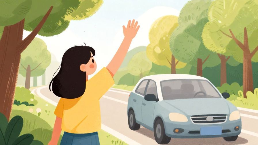Illustration%20of%20a person waving goodbye at a car leaving, surrounded by trees and soft sunlight, joyful mood, illustrated style