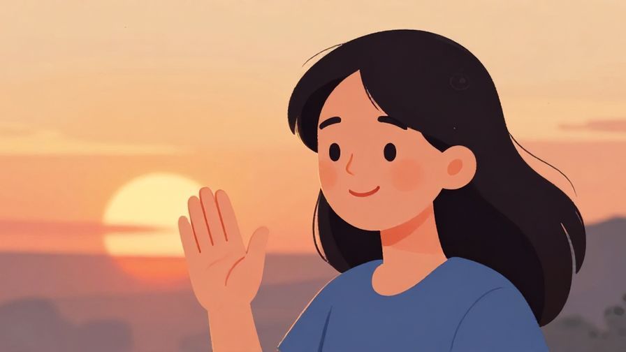 Illustration%20of%20a person waving goodbye gently with a soft smile, sunset background