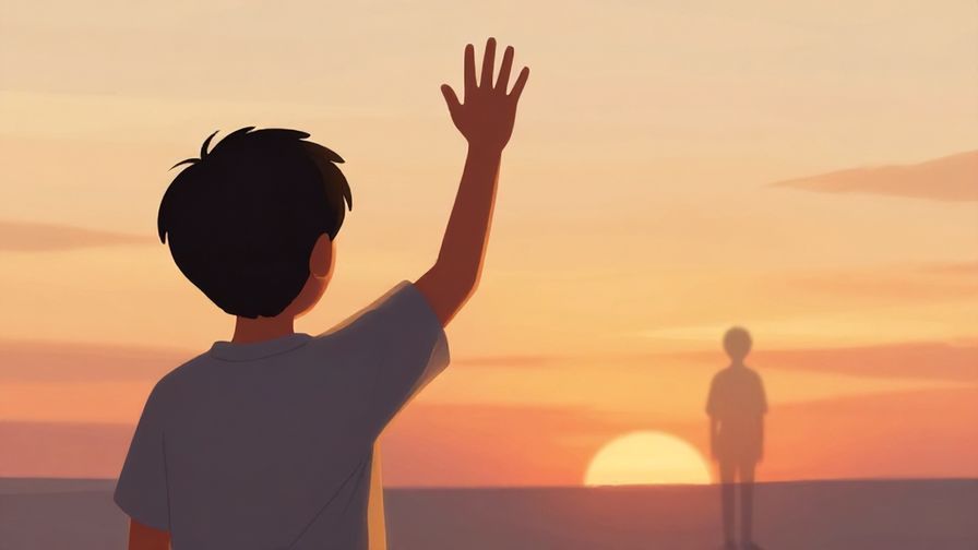 Illustration%20of%20a person waving goodbye to a fading figure in the distance, sunset background with warm colors