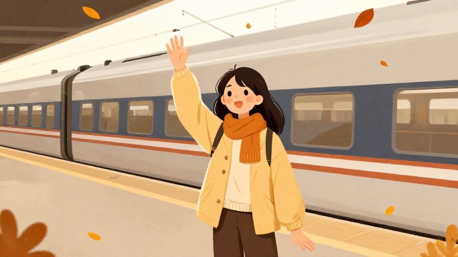 Illustration%20of%20a person waving goodbye warmly%20on%20a%20train%20platform%20with%20fall%20leaves%20around%20them%2C%20soft%20warm%20colors%2C%20illustrated%20style