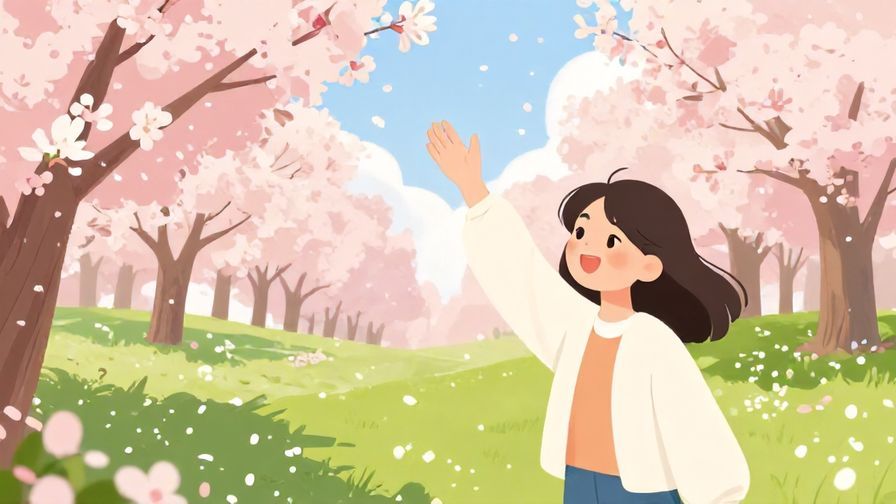 Illustration%20of%20a person waving goodbye with a gentle smile in a park during spring, cherry blossoms falling, illustrated style