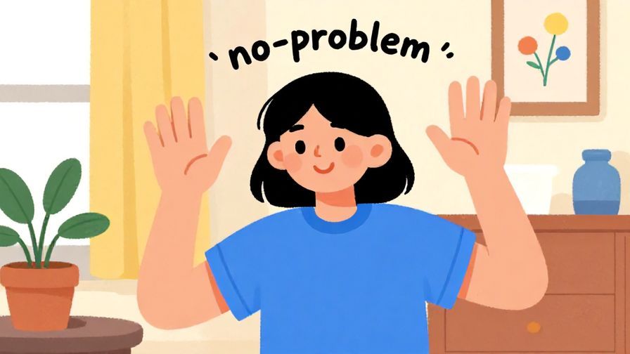 Illustration%20of%20a person waving hands in a playful “no problem” gesture with a bright smile, cozy room, vibrant colors, illustrated style