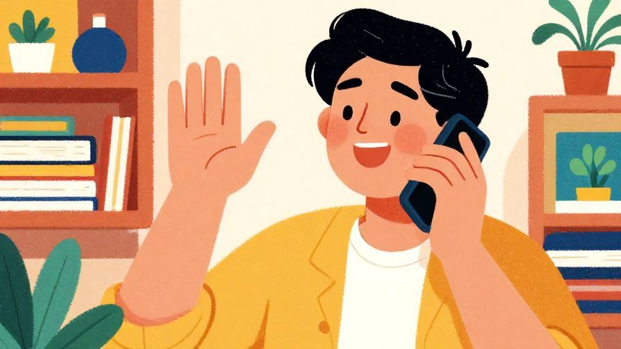 Illustration%20of%20a person waving happily while chatting on the phone, detailed background, vibrant colors, illustrated style