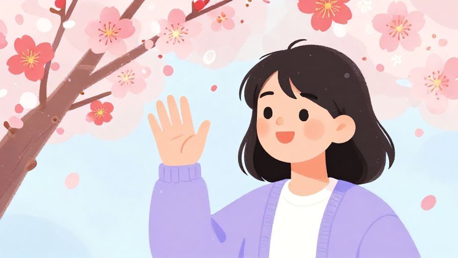 Illustration%20of%20a person waving off with a gentle smile, with soft pastel background of cherry blossoms, vibrant colors, illustrated style
