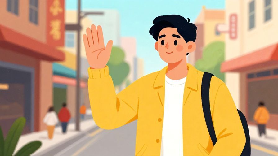 Illustration%20of%20a person waving their hand politely to decline, casual street background, vibrant colors, illustrated style