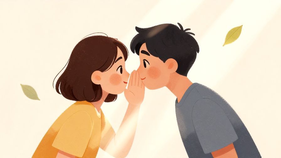 Illustration%20of%20a person whispering to another, with soft light rays and floating leaves in the background, warm colors, illustrated style
