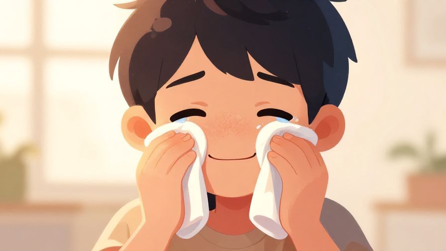 Illustration%20of%20a person wiping away happy tears with a big smile, surrounded by soft glowing light