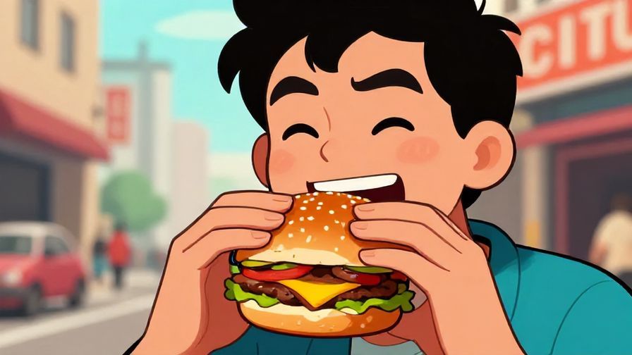 Illustration%20of%20a person with a big, cheeky grin taking a bite of a juicy burger, vibrant colors, casual urban background.