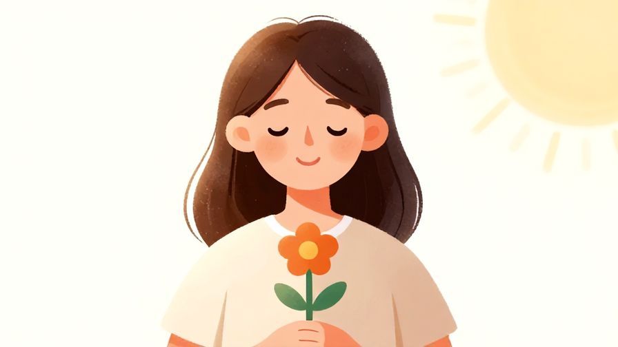Illustration%20of%20a person with a calm smile holding a flower, gentle nature background, soft sunlight, illustrated style