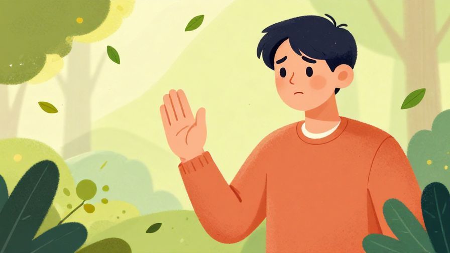 Illustration%20of%20a person with a concerned face, gently holding up a hand to signal ‘stop’, soft natural background with floating leaves, vibrant colors, illustrated style