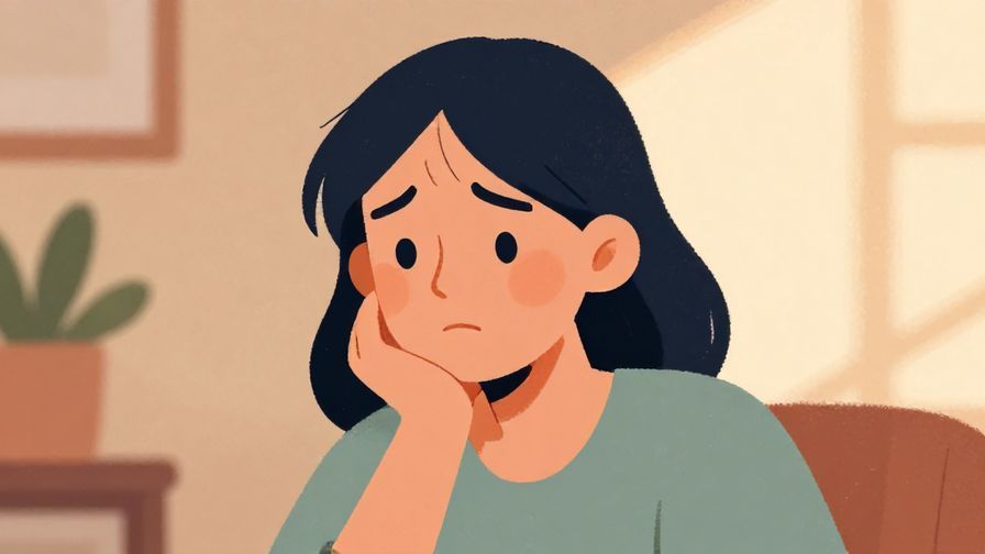 Illustration%20of%20a person with a conflicted expression, hand on chin, soft indoor light, warm colors, illustrated style