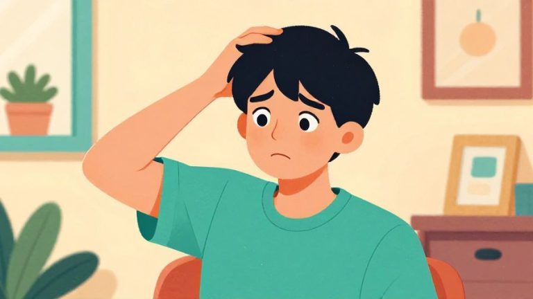 Illustration%20of%20a person with a confused expression, scratching their head while looking at a strange object, colorful casual scene