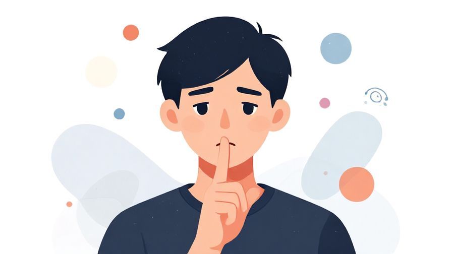 Illustration%20of%20a person with a deadpan expression raising a finger to lips, abstract shapes and soft dots around