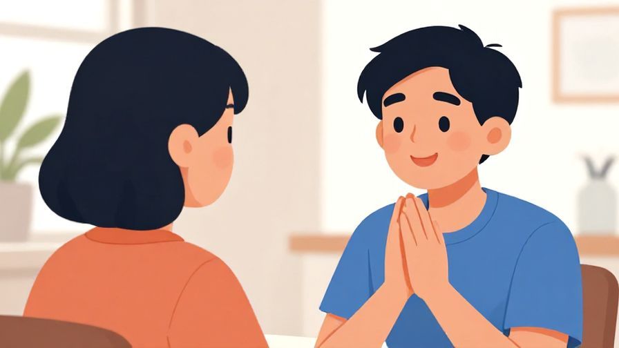 Illustration%20of%20a person with a friendly smile, hands clasped, explaining something gently in a bright room