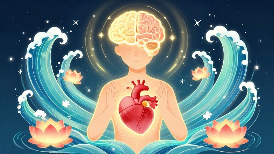 Illustration%20of%20a person with a glowing brain and heart, surrounded by gentle waves and lotus flowers, showing mental positivity