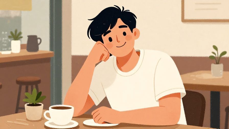 Illustration%20of%20a person with a half-smile, relaxed pose, casual cafe background, illustrated style