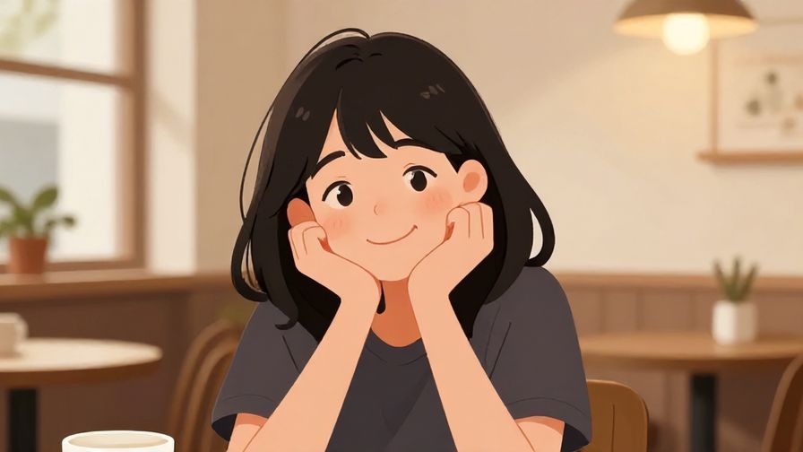 Illustration%20of%20a person with a hopeful smile, tilting head slightly, casual indoor café setting with warm light, illustrated style