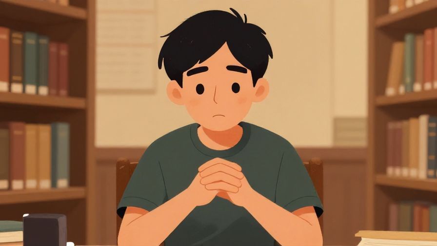 Illustration%20of%20a person with a humble expression, hands politely clasped, in a quiet library setting, warm lighting, illustrated style