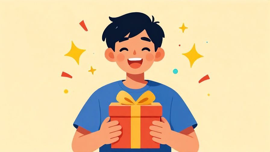 Illustration%20of%20a person with a joyful expression, holding a wrapped box behind their back, surrounded by colorful sparkles and a party atmosphere, illustrated style