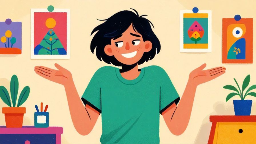 Illustration%20of%20a person with a mischievous smile shrugging, colorful room with posters, vibrant colors, illustrated style