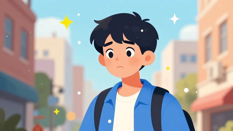 Illustration%20of%20a person with a playful, baffled expression, bright, youthful urban scene with floating stars and dots