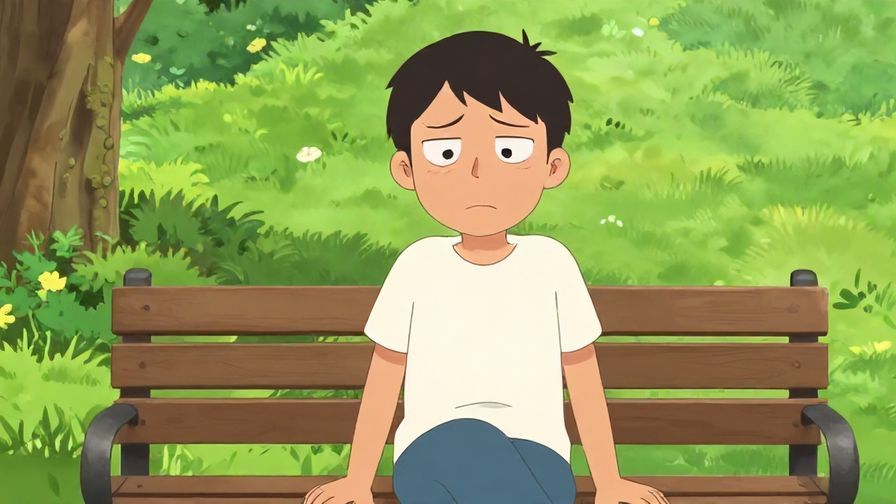 Illustration%20of%20a person with a playful, slightly exasperated expression, sitting on a bench outdoors