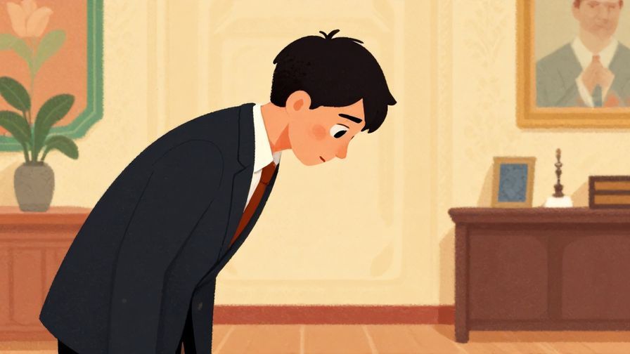 Illustration%20of%20a person with a polite, regretful expression bowing slightly in a formal room, detailed background, vibrant colors, illustrated style