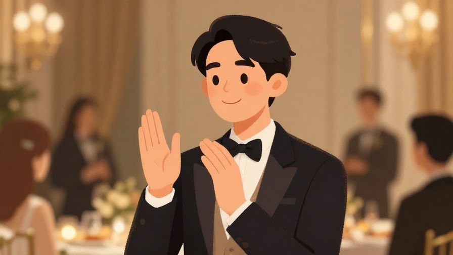 Illustration%20of%20a person with a polite smile, raising one hand slightly as if apologizing, elegant background of a formal event, warm lighting, illustrated style