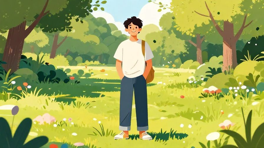 Illustration%20of%20a person with a relaxed smile and hands in pockets, standing in a sunny park, casual vibe, vibrant colors, illustrated style