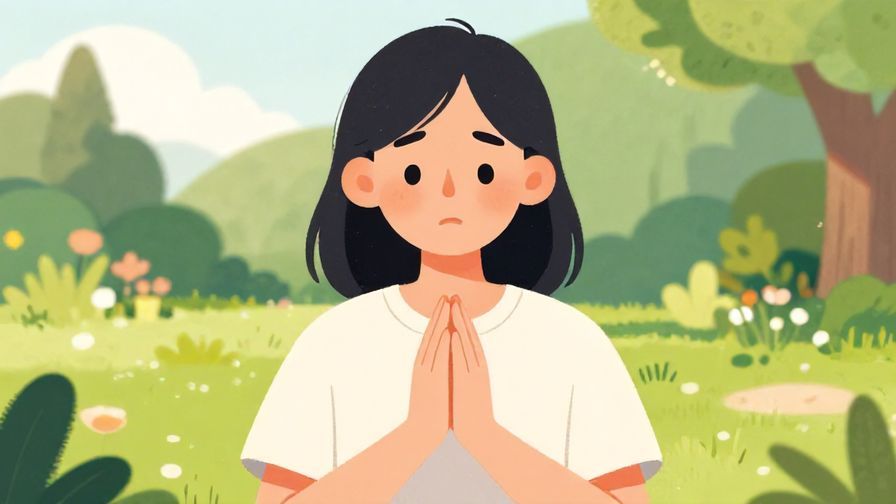 Illustration%20of%20a person with a respectful and slightly apologetic expression, hands together in front, peaceful garden background, soft natural light, illustrated style