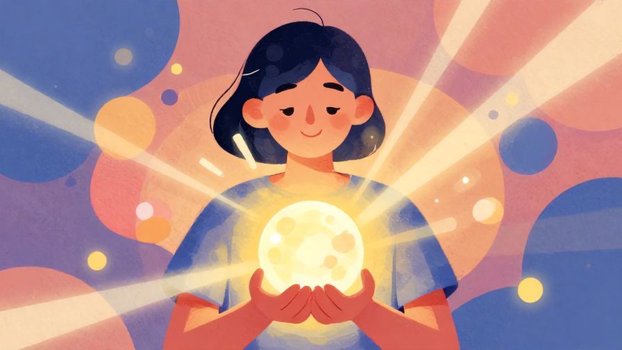 Illustration%20of%20a person with a serene smile holding a small glowing orb, surrounded by soft abstract shapes and warm light rays, vibrant colors, illustrated style