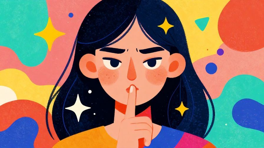 Illustration%20of%20a person with a serious face and finger to lips, surrounded by stars and abstract shapes, vibrant colors, illustrated style