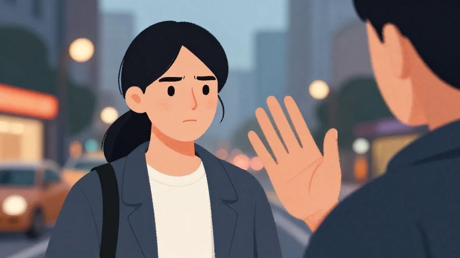 Illustration%20of%20a person with a serious face holding out a hand to stop someone, urban backdrop with evening lights, illustrated style