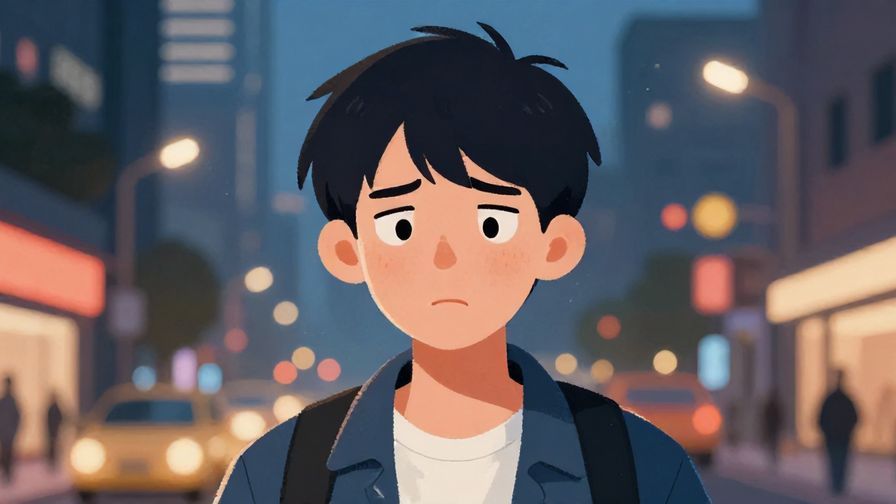 Illustration%20of%20a person with a sharp, confused expression, slightly furrowed brow, urban evening scene, illustrated style