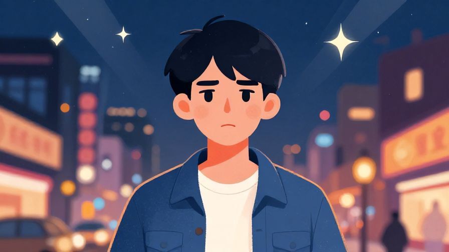 Illustration%20of%20a person with a sincere, slightly serious expression, casual clothes, urban night background with stars and light rays, vibrant colors, illustrated style