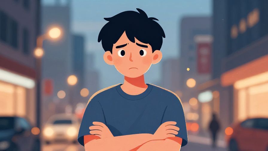 Illustration%20of%20a person with a slightly angry or surprised face, arms crossed, urban background, evening lighting, illustrated style