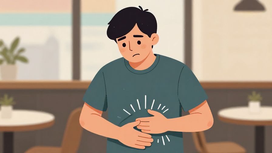 Illustration%20of%20a person with a slightly embarrassed smile, holding stomach, sound waves around tummy, casual cafe background, illustrated style