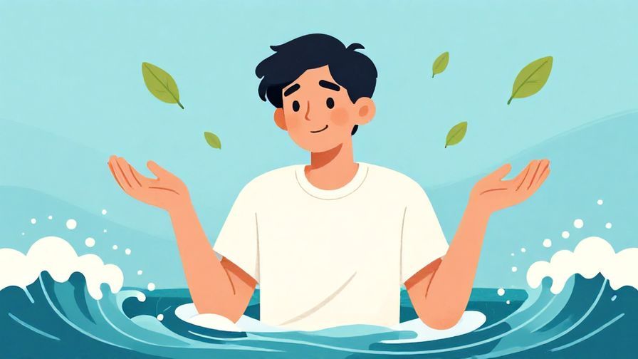 Illustration%20of%20a person with a slightly shrugging gesture and a casual smile, surrounded by gentle waves and floating leaves, illustrated style