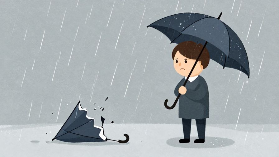 Illustration%20of%20a person with a small frown looking at a broken umbrella in the rain, illustrated style